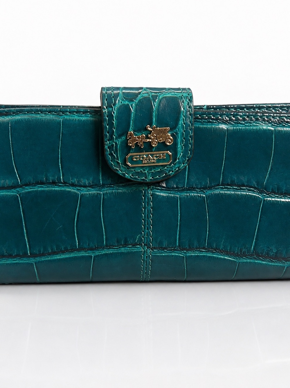 Coach Teal Croc-Embossed Leather Continental Wallet with Gold Tone Logo